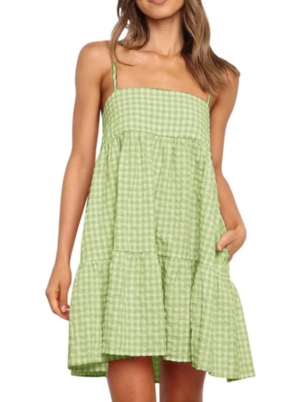 Women's Summer Plaid Mini Dress Spaghetti Strap Green Sundress with Pockets